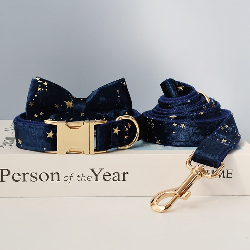Blue Magic Star Velvet Collar Leash Bow Set - Personalized