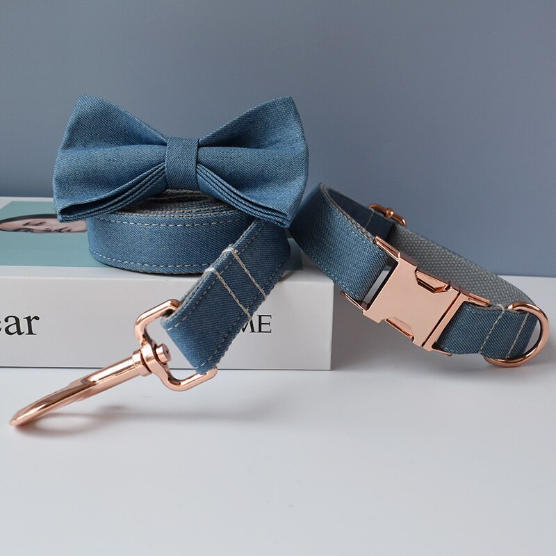 Denim Collar Leash Bow Personalized Custom Engraved