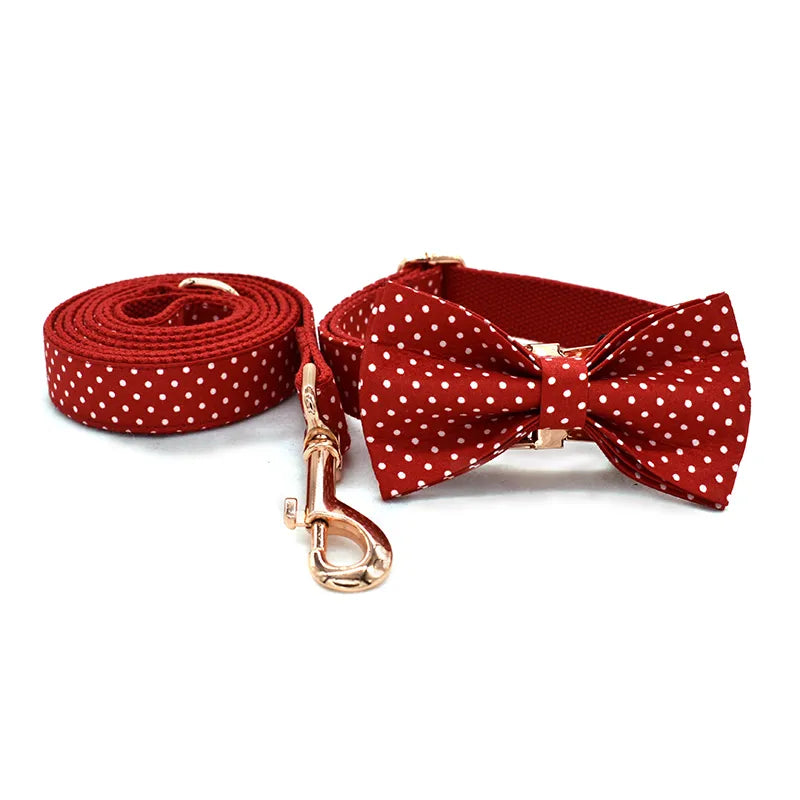 Red Dot Bowtie Collar Leash Bow Set - Personalized