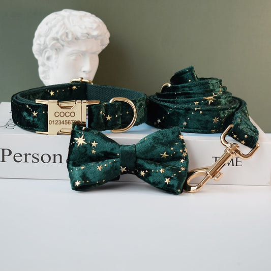 Green Magic Star Velvet Collar Leash Bow Set Personalized