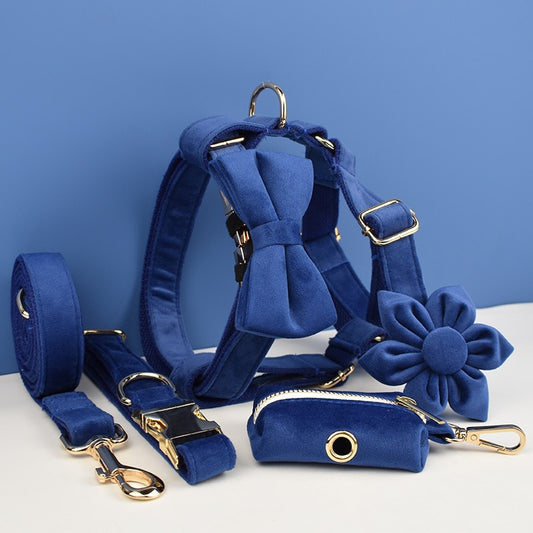 Navy Blue Velvet Dog Collar And Leash Set For Dogs Custom Engraved