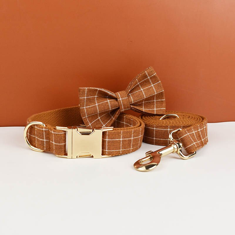 Brown Grid Collar, Leash, Harness Set  Personalized
