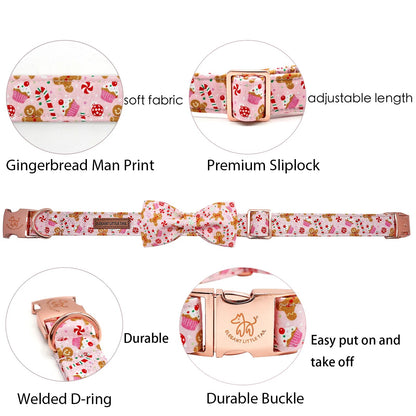 CHRISTMAS GINGERBREAD MAN / Colorful Collar Leash Bow Set,  100% Cotton (FREE ENGRAVING)