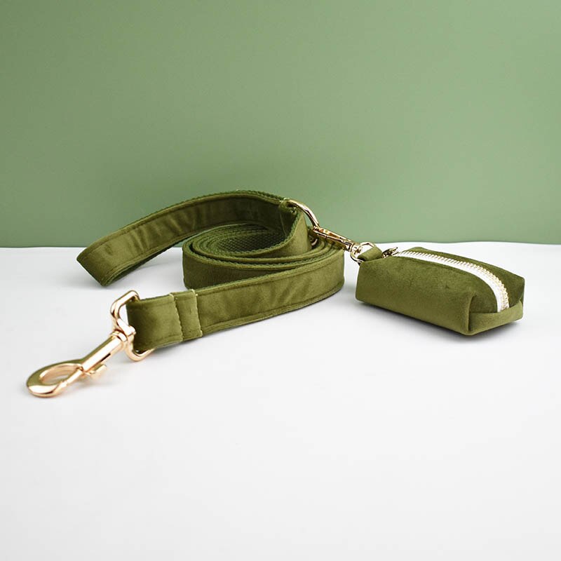 Green Velvet Leash, Collar, Harness Set -Custom Engraved