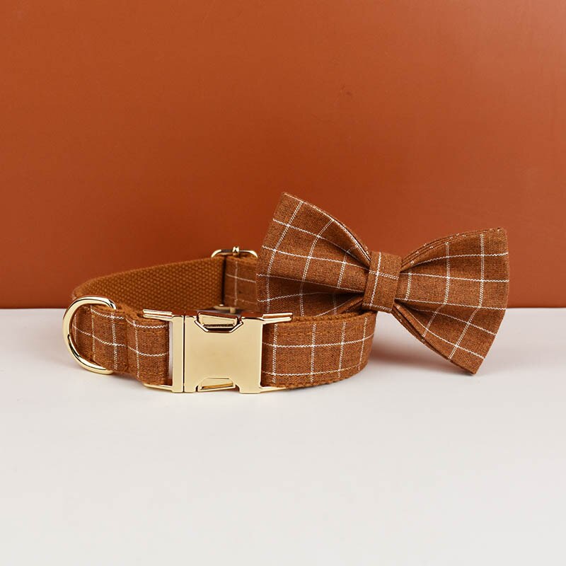 Brown Grid Collar, Leash, Harness Set  Personalized