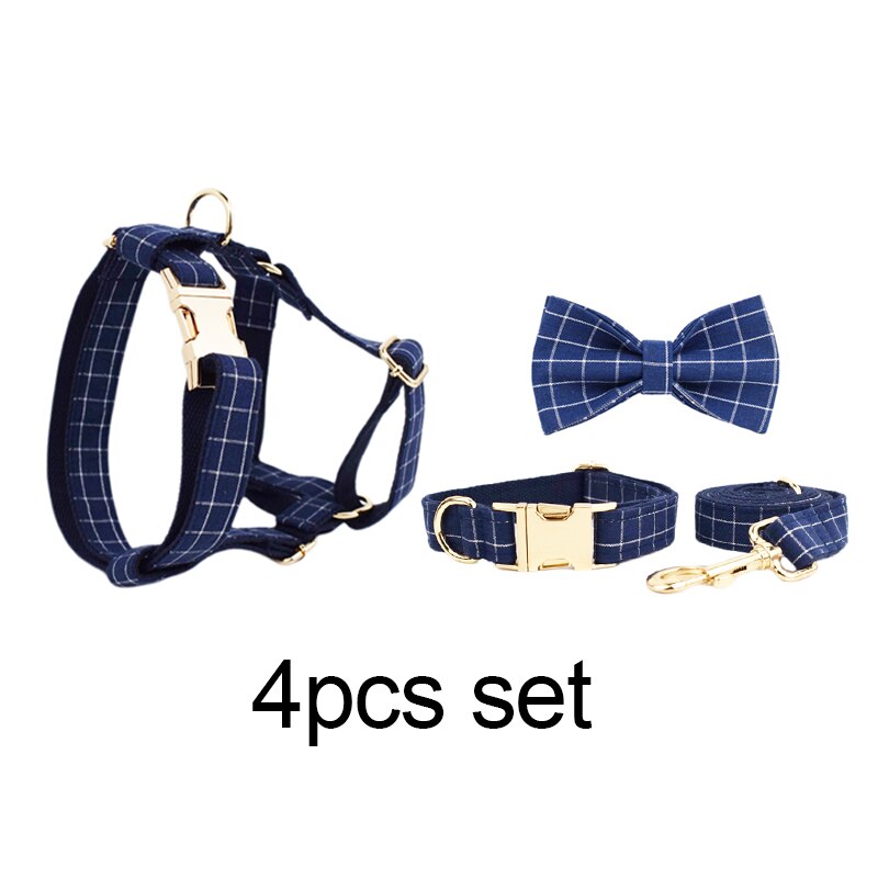 Luxury Dark Blue Dog Collar, Leashes, Harness, Bow, Set Personalized