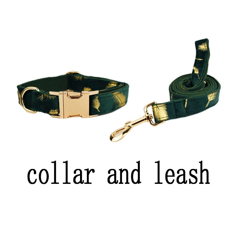 Green Feather Velvet Collar, Leash, Harness Set Engraved