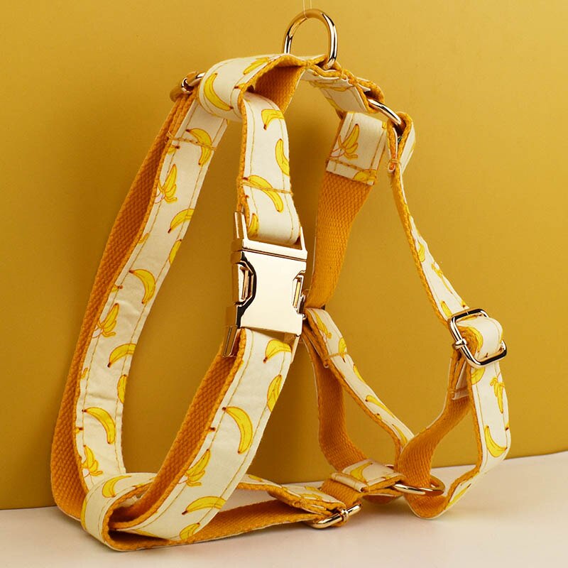 Luxury Banana Print Collar, Leash, Harness Set Personalized
