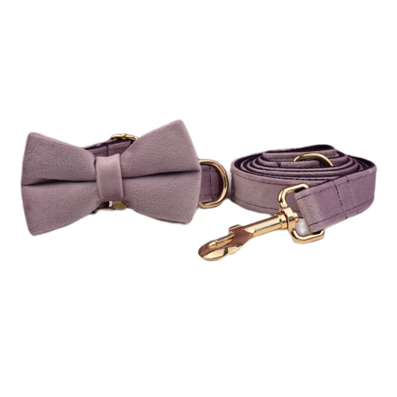 Deep Purple Velvet Dog Collar And Leash Set Custom Engraved