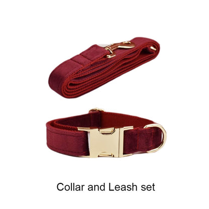 Red Wine Velvet Collar  Leash Harness  Set Custom Engraved
