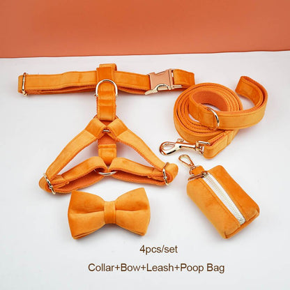 Orange Velvet Dog Collar And Leash Set For Dogs Custom Engraved