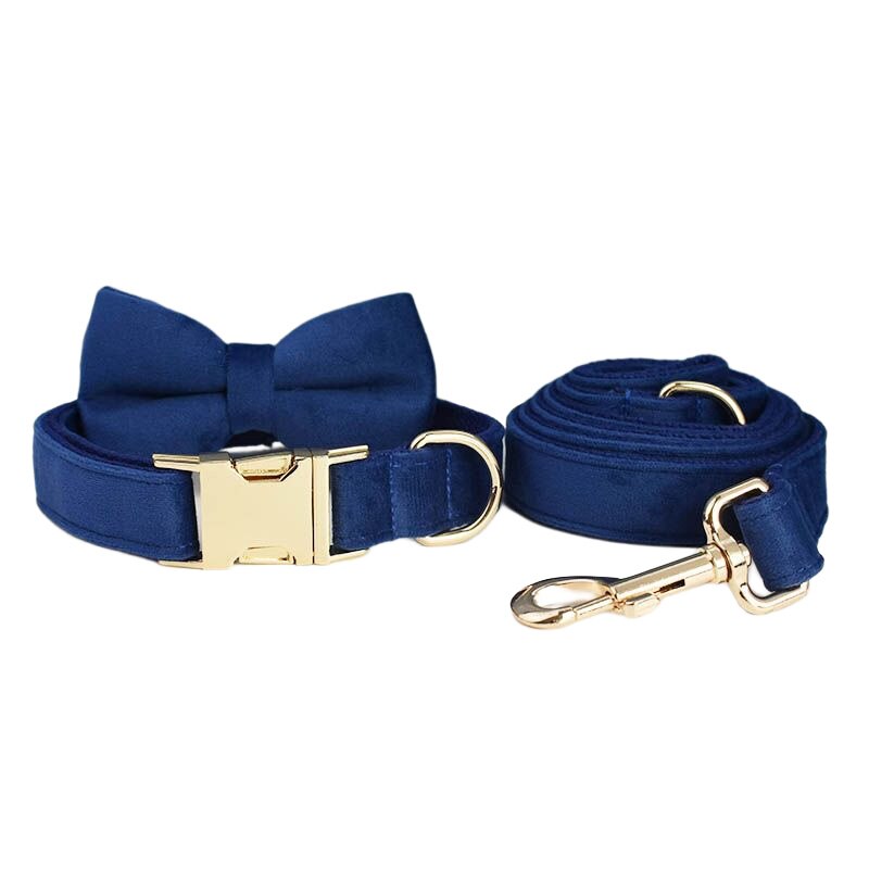 Navy Blue Velvet Dog Collar And Leash Set For Dogs Custom Engraved