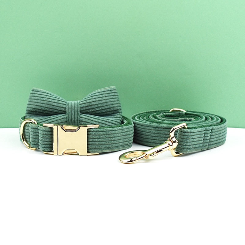 Dark Green Corduroy Dog Collar And Leash Set Custom Engraved