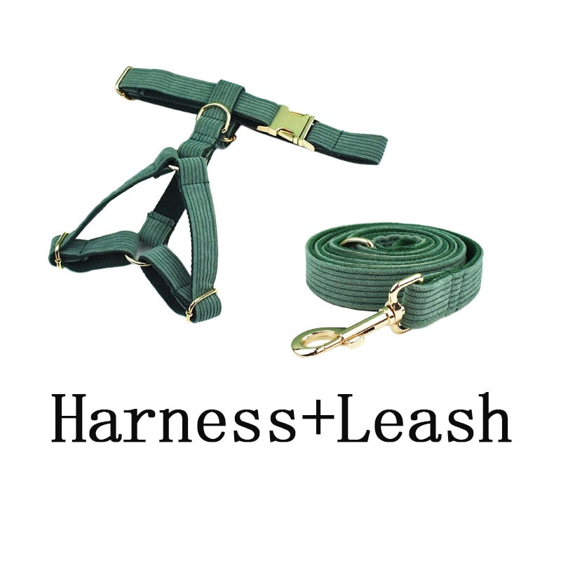 Dark Green Corduroy Dog Collar And Leash Set Custom Engraved