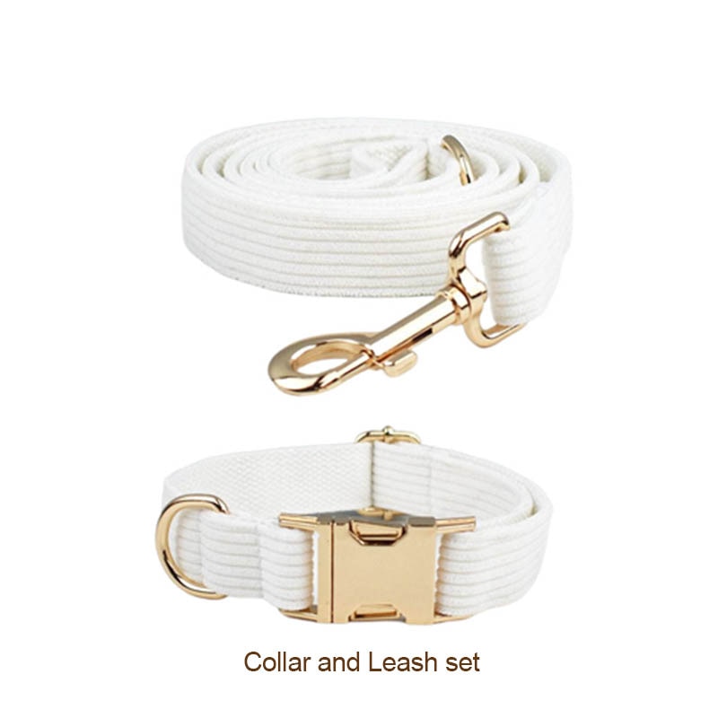 White Corduroy Dog Collar, Leash, Harness, Bow, Waste Bag Set 