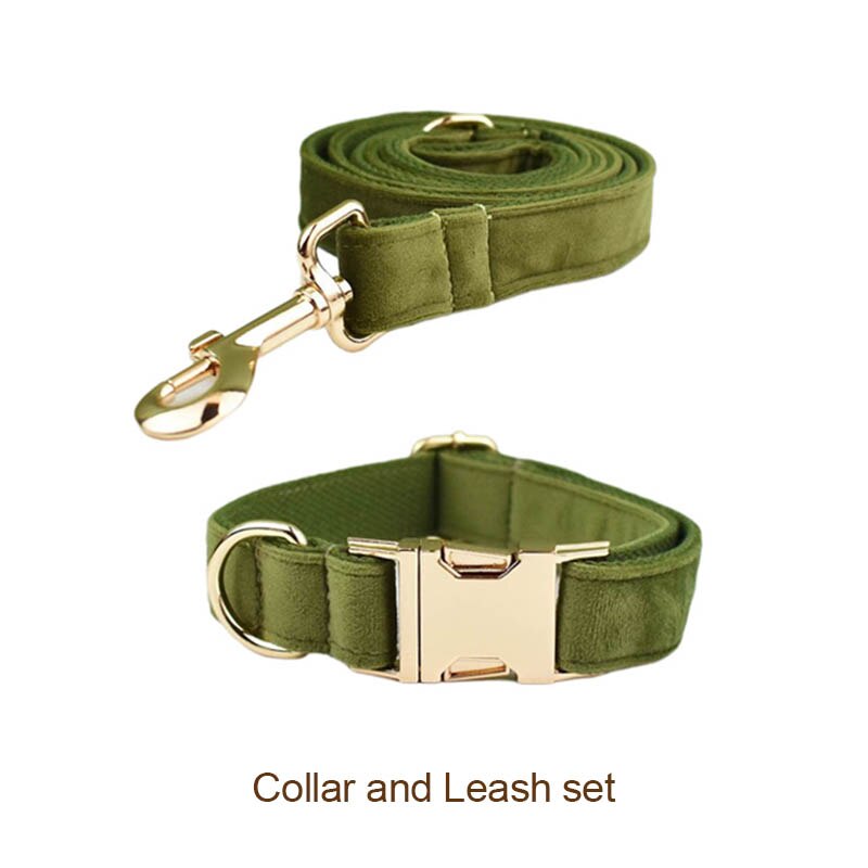 Green Velvet Leash, Collar, Harness Set -Custom Engraved