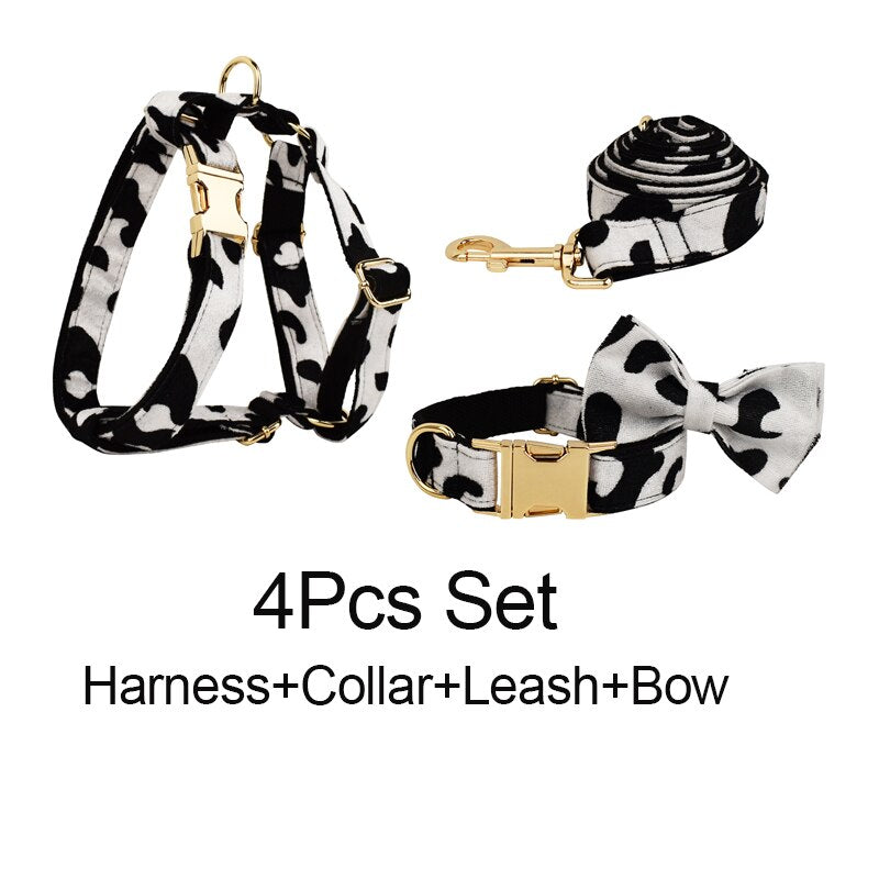 Cow Print Luxury Dog Collar, Leash, Harness Set  - Personalized