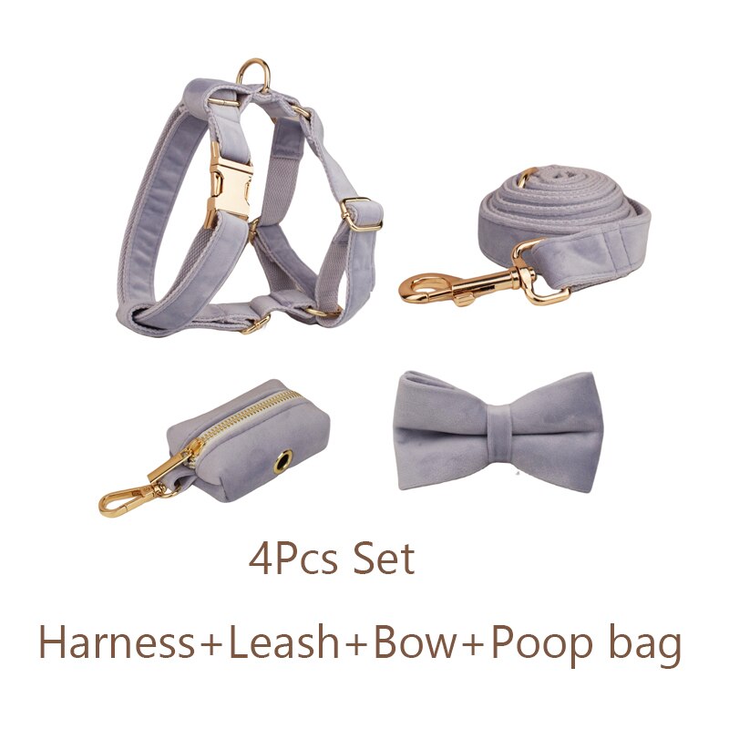 Personalized Blue Velvet Collar ,Leash ,Harness ,Bow, Waste Bag ,Flower Set