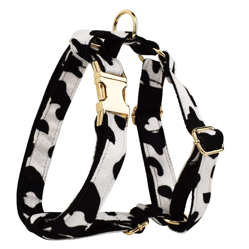 Cow Print Luxury Dog Collar, Leash, Harness Set  - Personalized