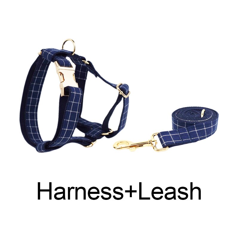Luxury Dark Blue Dog Collar, Leashes, Harness, Bow, Set Personalized
