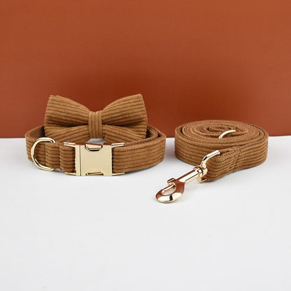 Caramel Corduroy Collar, Leash, Harness Set for Dogs - Custom Engraved