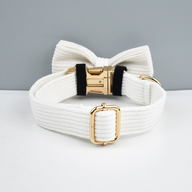 White Corduroy Dog Collar, Leash, Harness, Bow, Waste Bag Set 